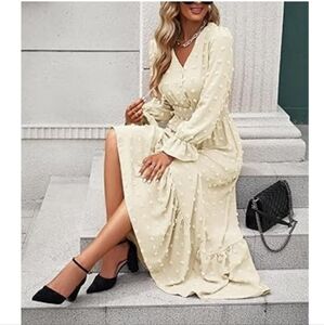 Feminine BOHO Long Sleeves Swiss Dots Smocked Ruffle Maxi Dress Cream Size Small